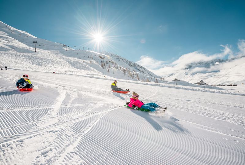sledders slide down a piste, the sun shining above them